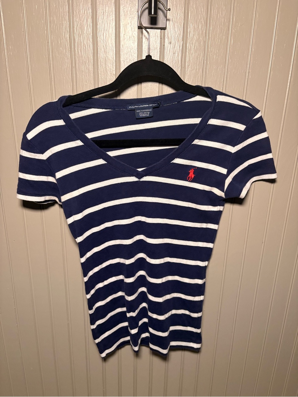 Ralph Lauren Navy & White Striped V-Neck Tee with Red Pony